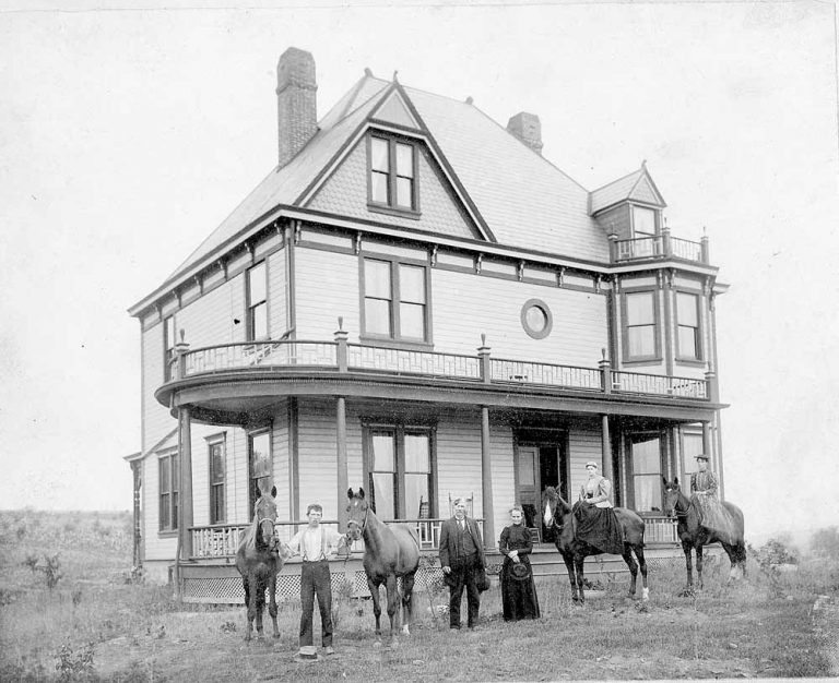 Thomas Milton McCormick (second from left) grew up on what is now Kenmont Avenue. (His father, Dr. Joseph McCormick, came to the area in 1857.) McCormick, a schoolteacher, built this house at Washington Road and Hazel Drive around 1880 when he married Nancy Fife. Jake Miller, the hired man, holds the horses, Nancy stands, and McCormick’s sisters Ida and Martha sit sidesaddle. The house stood until the 1950s.